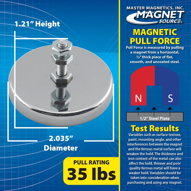 Master Magnetics Ceramic Round Base Magnet with Bolt and Nuts Pack - Heavy-Duty Strong Magnets - 35 lb Pull Each - Nickel-Plated - 2.04" D - 1.25" H - 5-Pack - Image 5